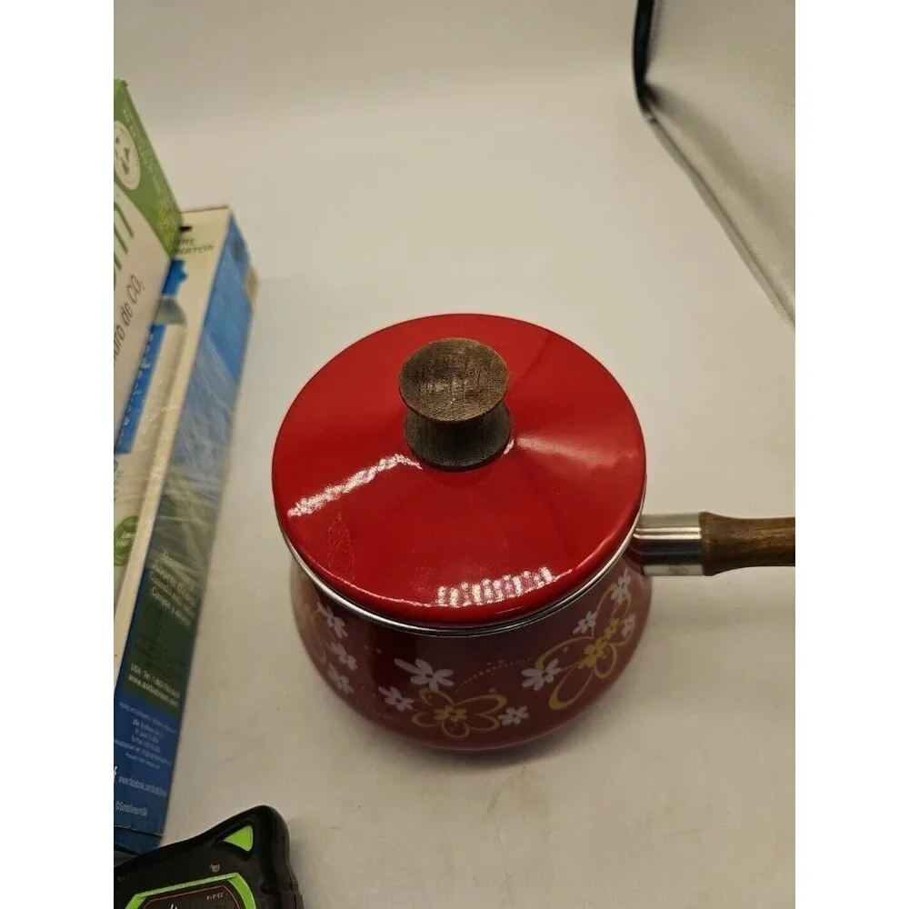 Vintage Epicure Enamel Fondue Pot‎ Retro Red Floral Excellent Condition Pot Only